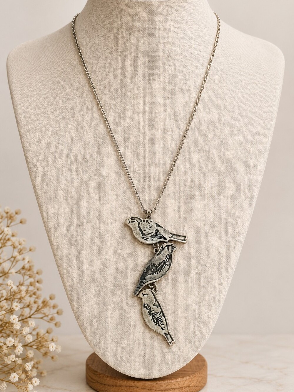 Distressed Whimsigoth Enchanted Bird Trio Silver Tone Pendant Necklace